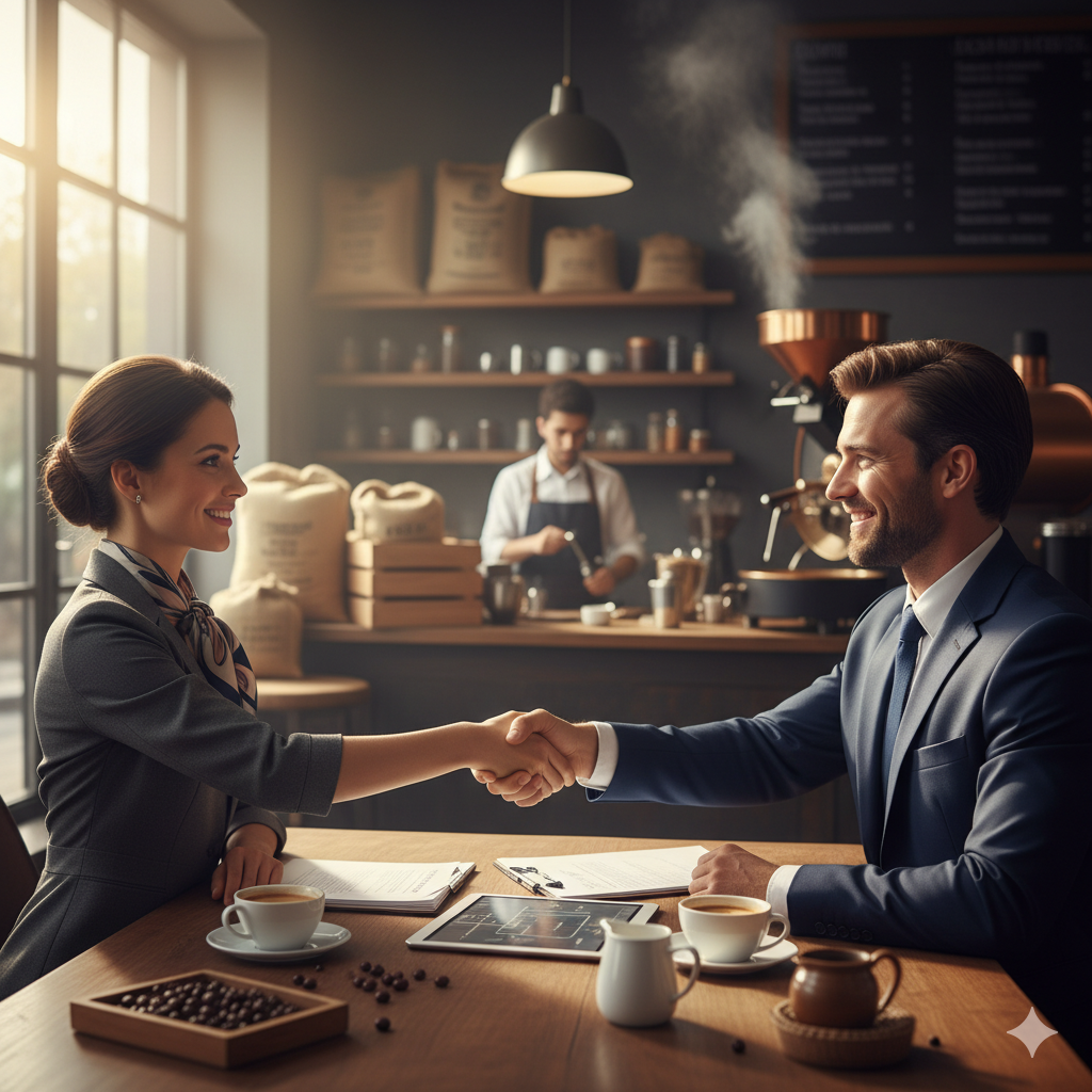 Office employees enjoying coffee together during a break, reflecting collaboration, energy, and premium corporate coffee culture in Chennai.